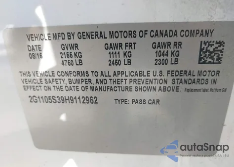 2017 Chevrolet Impala 1Lt from USA, damaged, VIN 2G1105S39H9112962